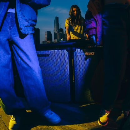 Peoble standing in front of a two Metallic grey Soundboks 4 with a city skyline in the background.